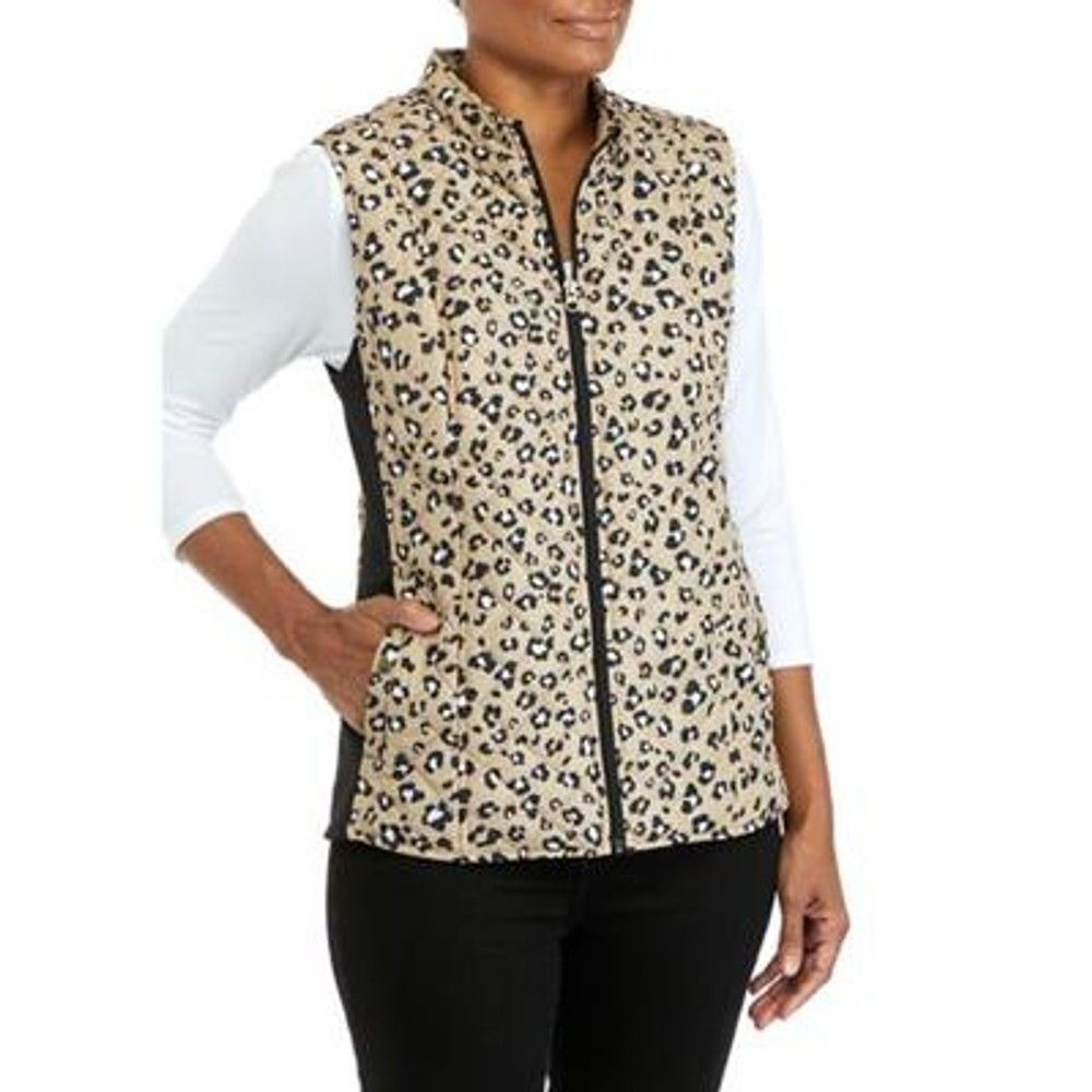 Kim Rogers Quilted Printed Ribbed Vest Women's XL Leopard Mock Neck Zip Tan
